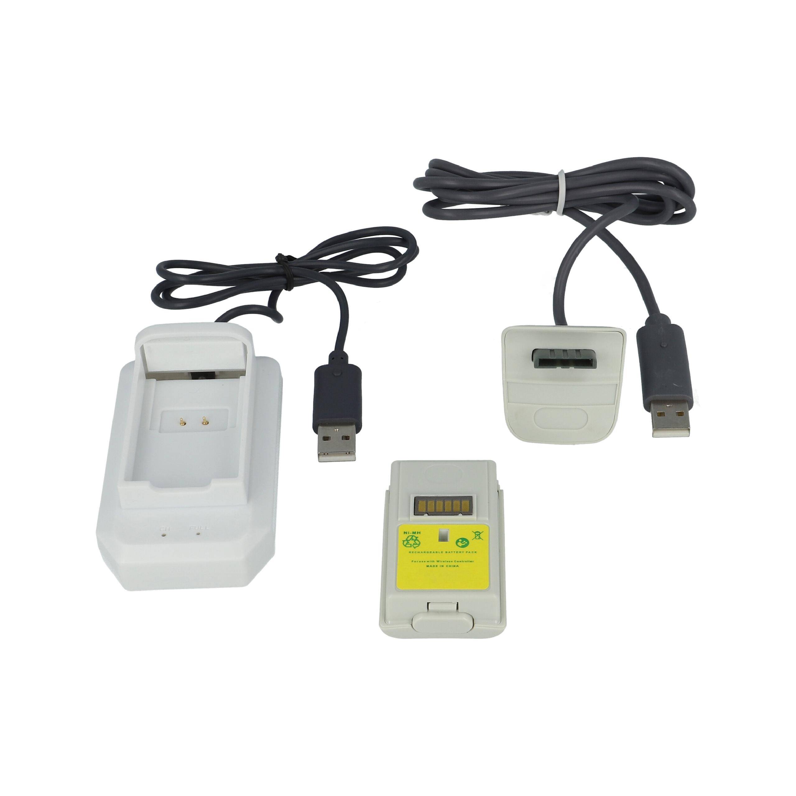 vhbw Play & Charge Kit kompatibel mit Microsoft Xbox 360 Controller | 1x Ladegerät, 1x Ladekabel, 1x Akku, Schwarz, Grau