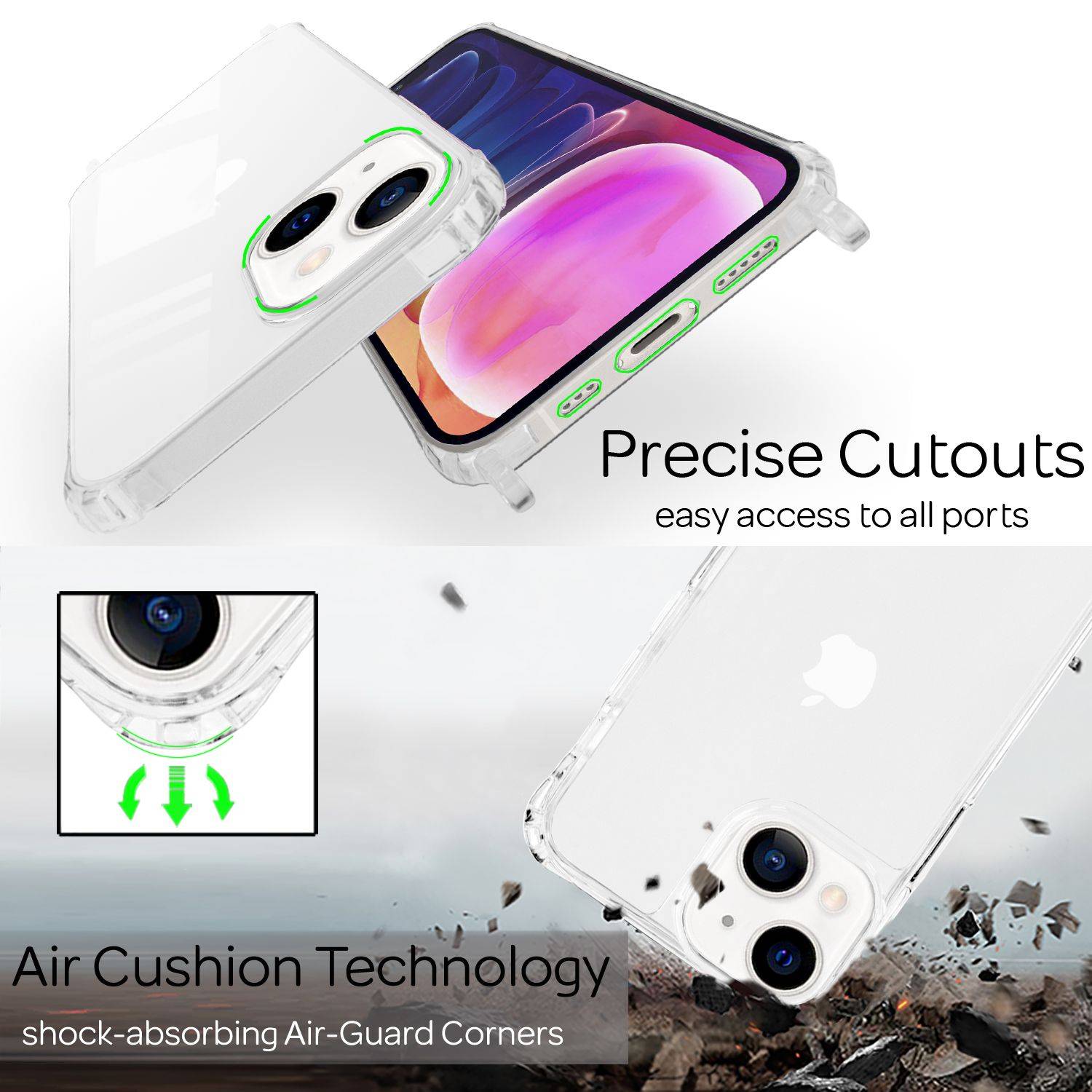 NALIA Klares Hybrid Case mit Kette für iPhone 13, Transparentes Hardcase & Silikon Rahmen, Schutzhülle & Handy-Schnur-1