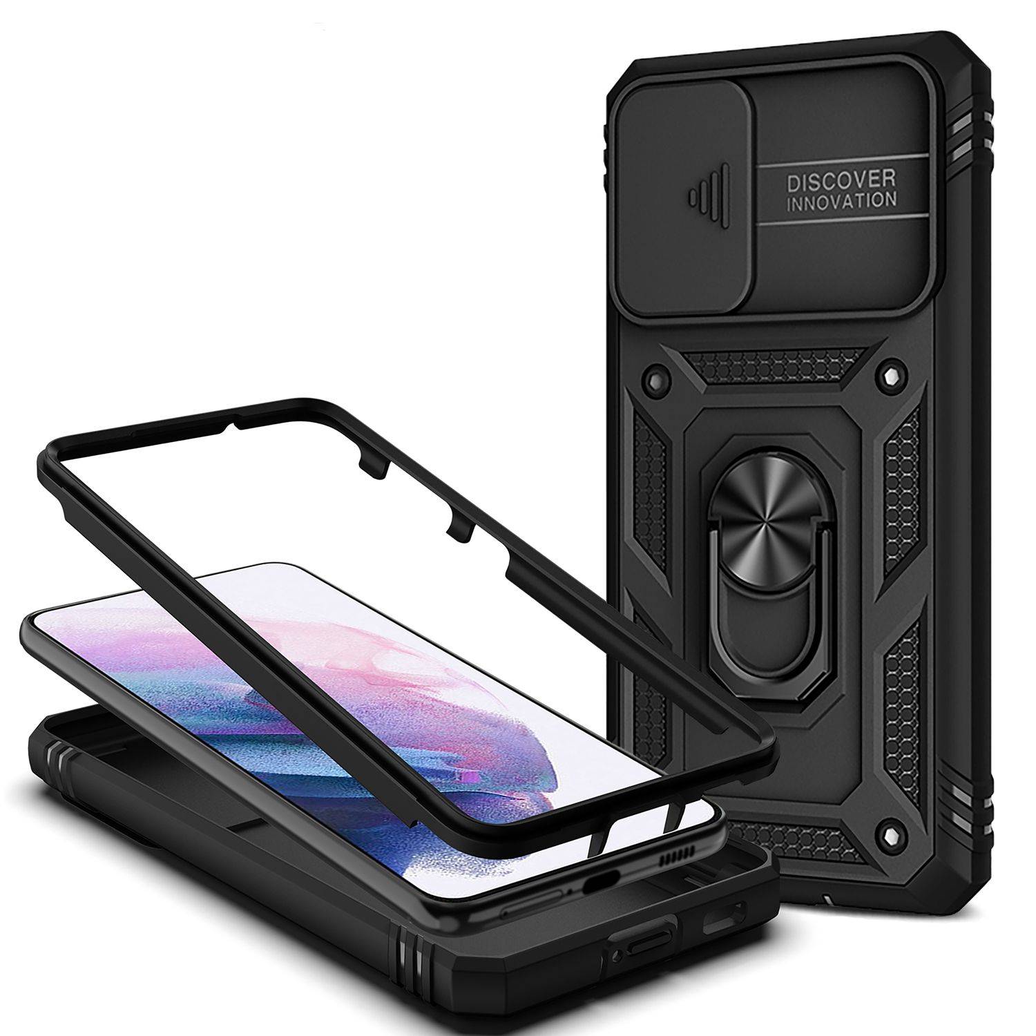 NALIA Military-Style Ringhülle für Samsung Galaxy S21, Extrem Schützend mit Display-Rahmen & Kamera-Abdeckung Schwarz-0