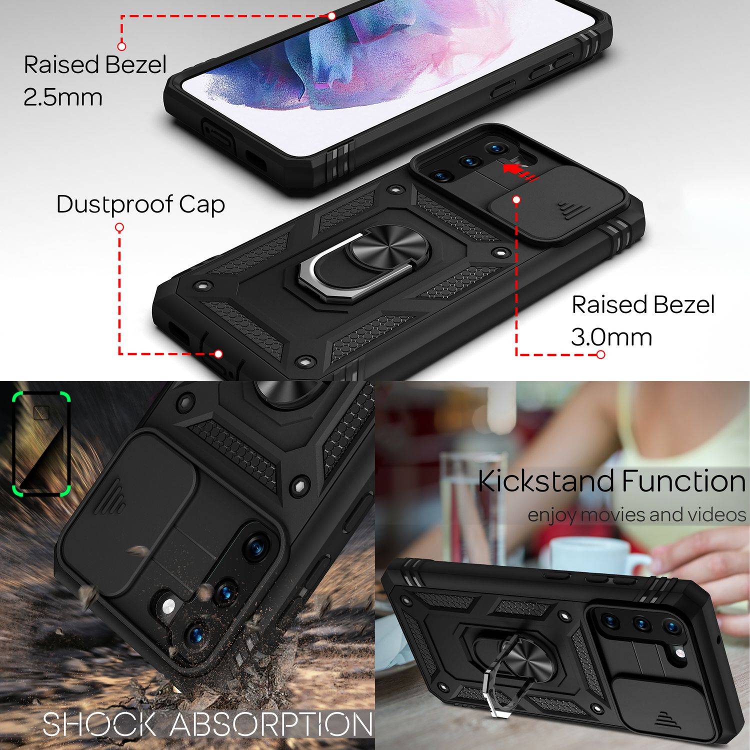 NALIA Military-Style Ringhülle für Samsung Galaxy S21, Extrem Schützend mit Display-Rahmen & Kamera-Abdeckung Schwarz-2