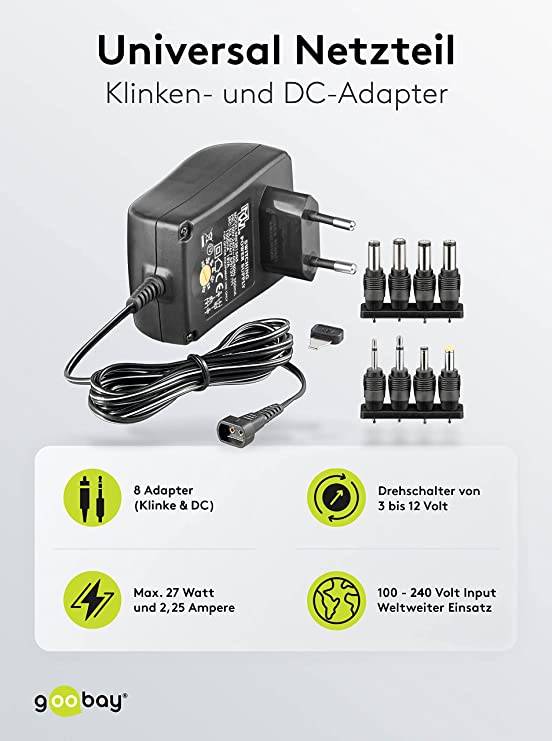 Goobay 53998 Universal Netzteil 3 V - 12 V, max. 27 W / 2,25 A, Netzgerät mit 8x Adaptern DC- & Klinkenstecker, Schwarz-1