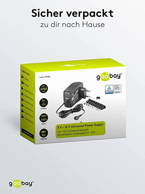 Goobay 53998 Universal Netzteil 3 V - 12 V, max. 27 W / 2,25 A, Netzgerät mit 8x Adaptern DC- & Klinkenstecker, Schwarz-4