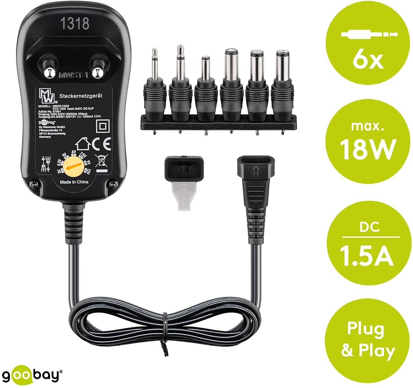 Goobay 67952 Universal Netzteil 3V - 12V Netzgerät mit 6 Adapter DC Hohlstecker & Klinkenstecker max. 18W / 1,5A Schwarz-4