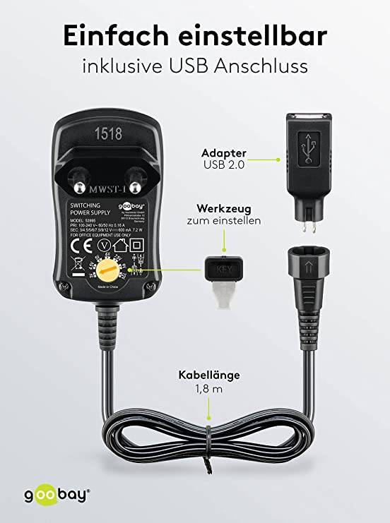 Goobay 53997 Universal Netzteil 3 V - 12 V, max. 18 W / 1.5 A, Netzgerät mit 9x Adaptern USB, DC & Klinke, Schwarz-3