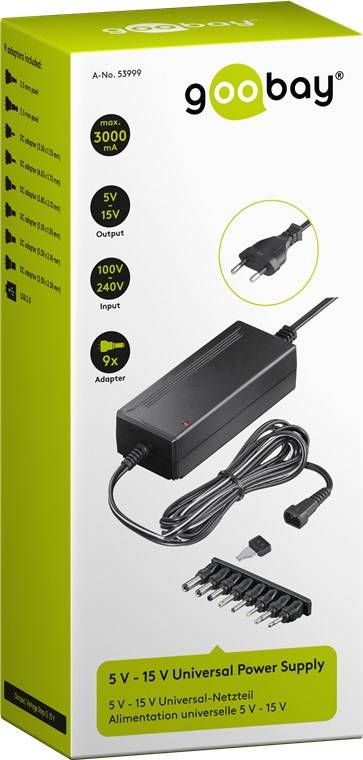 Goobay 53999 Universal Netzteil 5 V - 15 V, max. 36 W / 3.0 A, Netzgerät mit 8x Adaptern DC- & Klinkenstecker, Schwarz-2