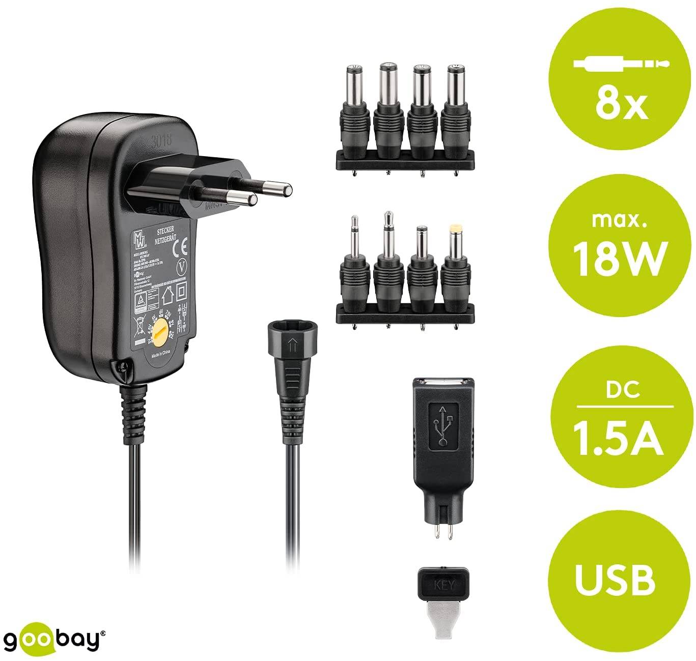 Goobay 53997 Universal Netzteil 3 V - 12 V, max. 18 W / 1.5 A, Netzgerät mit 9x Adaptern USB, DC & Klinke, Schwarz-4