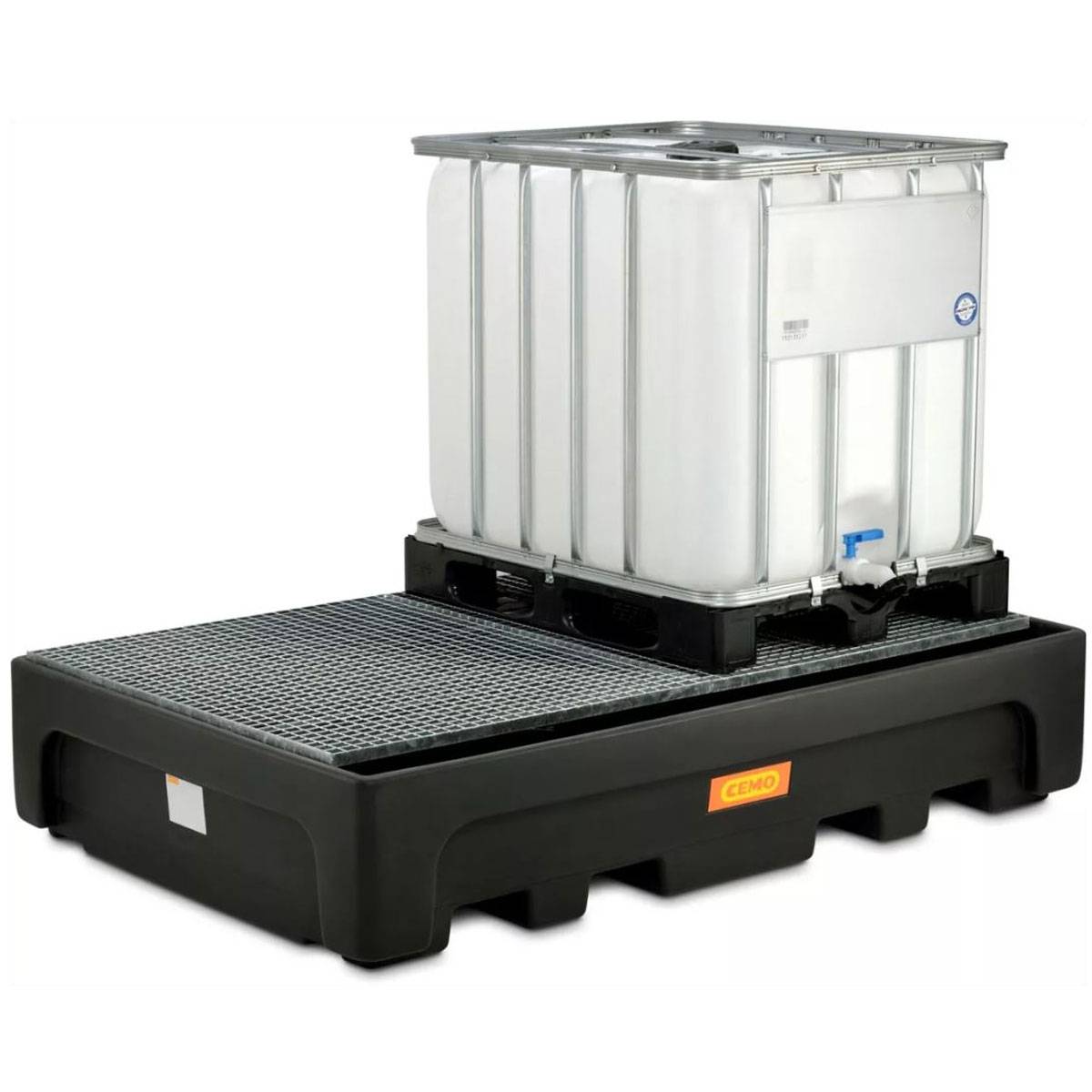 CEMO IBC-Auffangwanne PE 1100/2 mit Stützkreuz und verzinktem Gitterrost-0