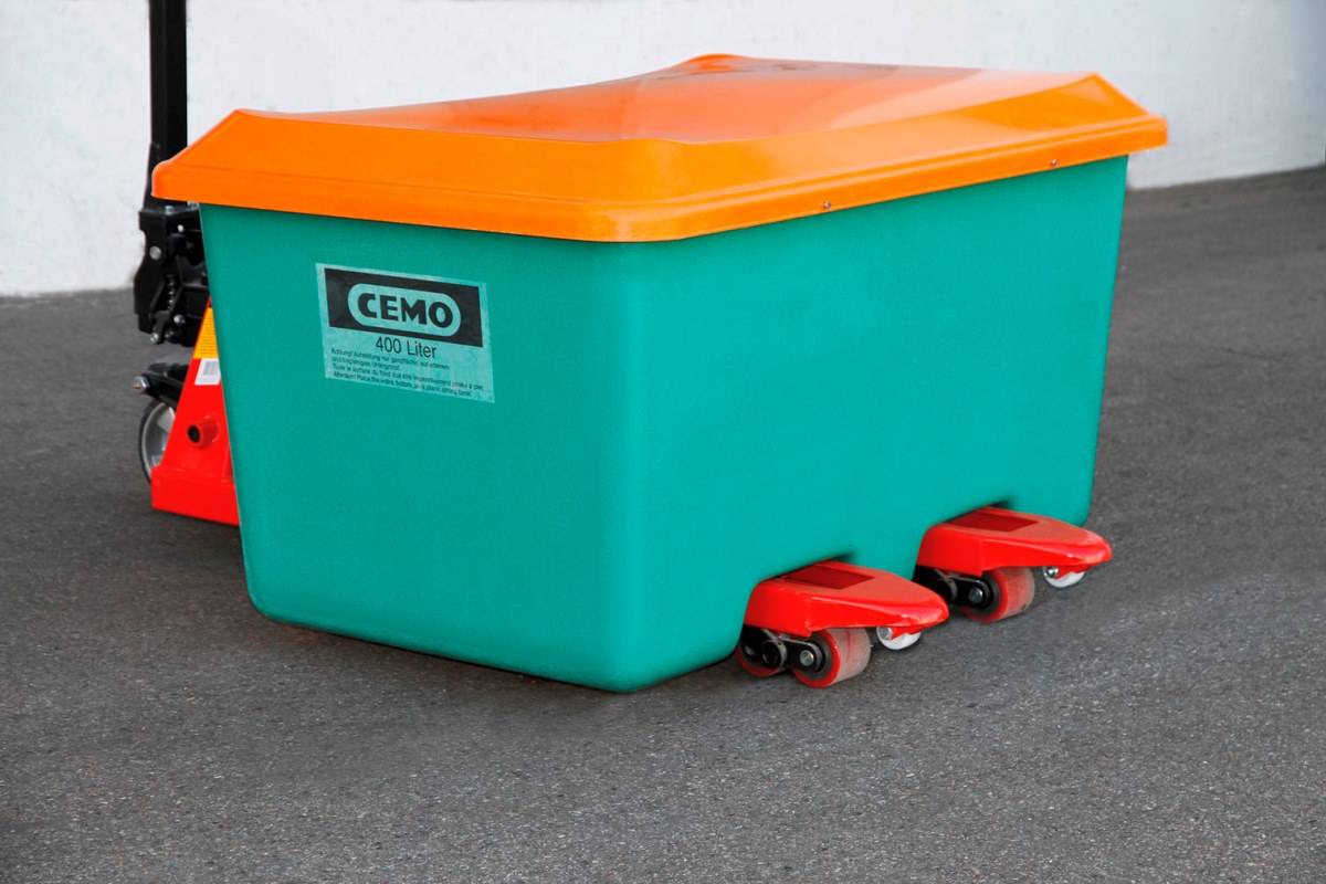 CEMO Streugutbehälter 400l Plus3 grün/orange mit Staplertaschen-1