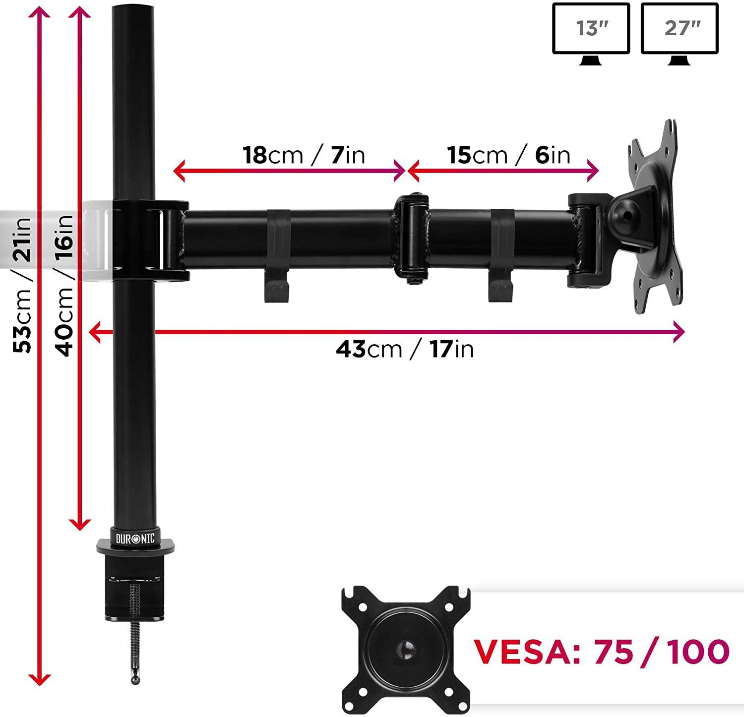 Duronic DM252 BK Monitorhalterung für zwei 27" - 8kg Kapazität - Verstellbar in Höhe, Neigung und Drehung - VESA 75/100-2