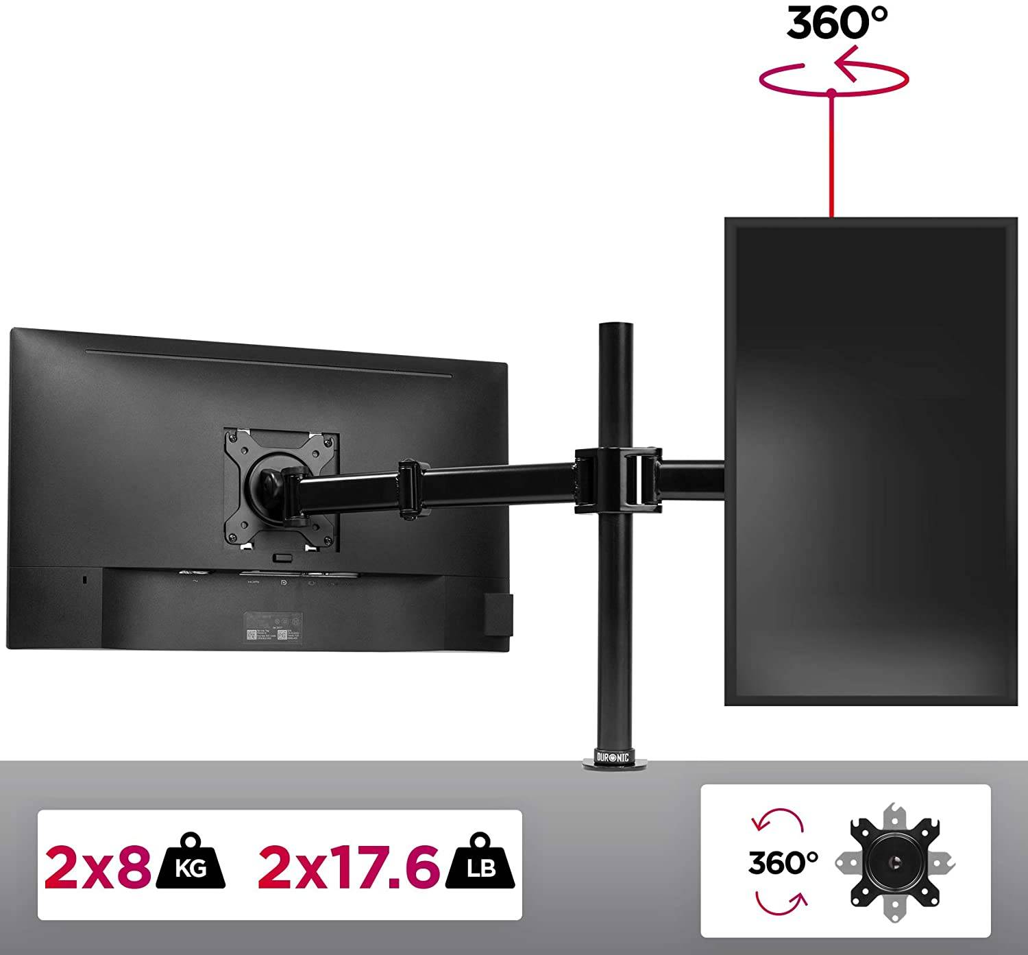 Duronic DM252 BK Monitorhalterung für zwei 27" - 8kg Kapazität - Verstellbar in Höhe, Neigung und Drehung - VESA 75/100-3