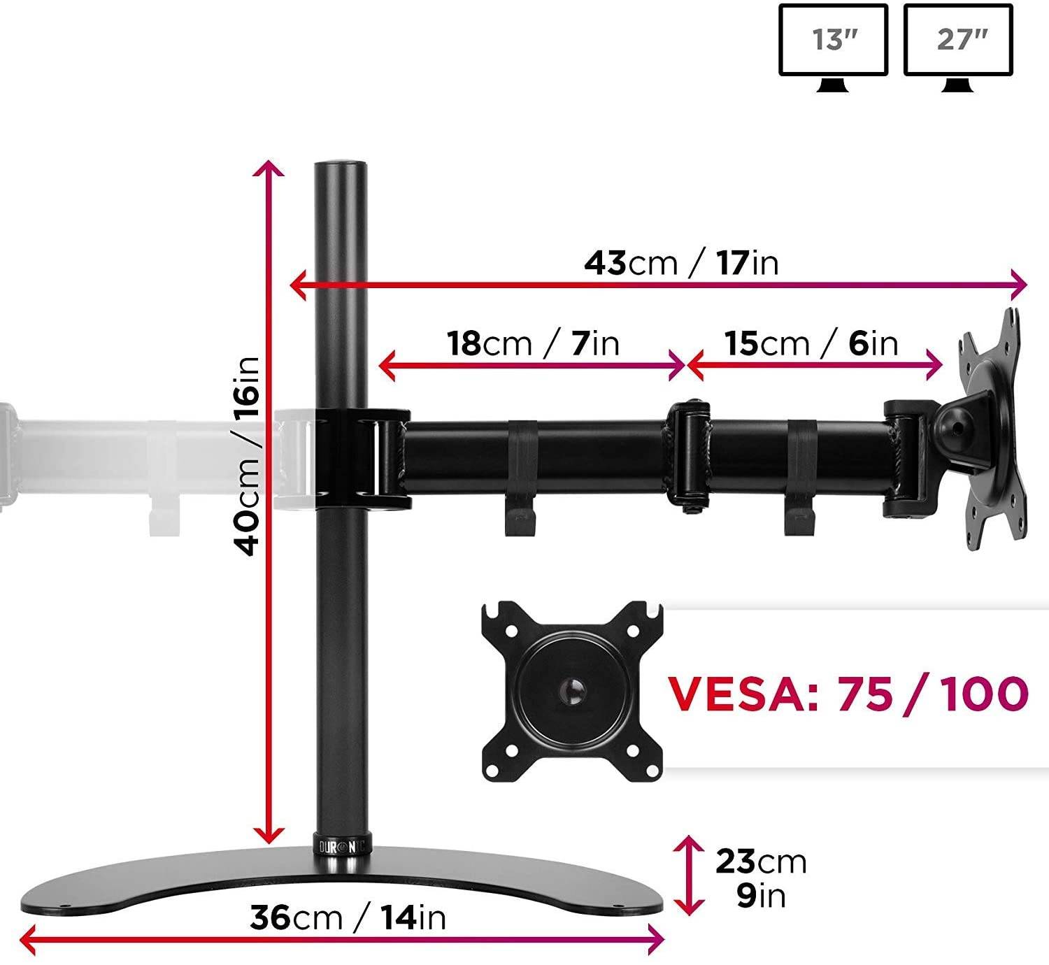 Duronic DM25D2 Monitorfuß für zwei 27" - 8kg Kapazität - Verstellbar in Höhe, Neigung und Drehung - VESA 75/100-1