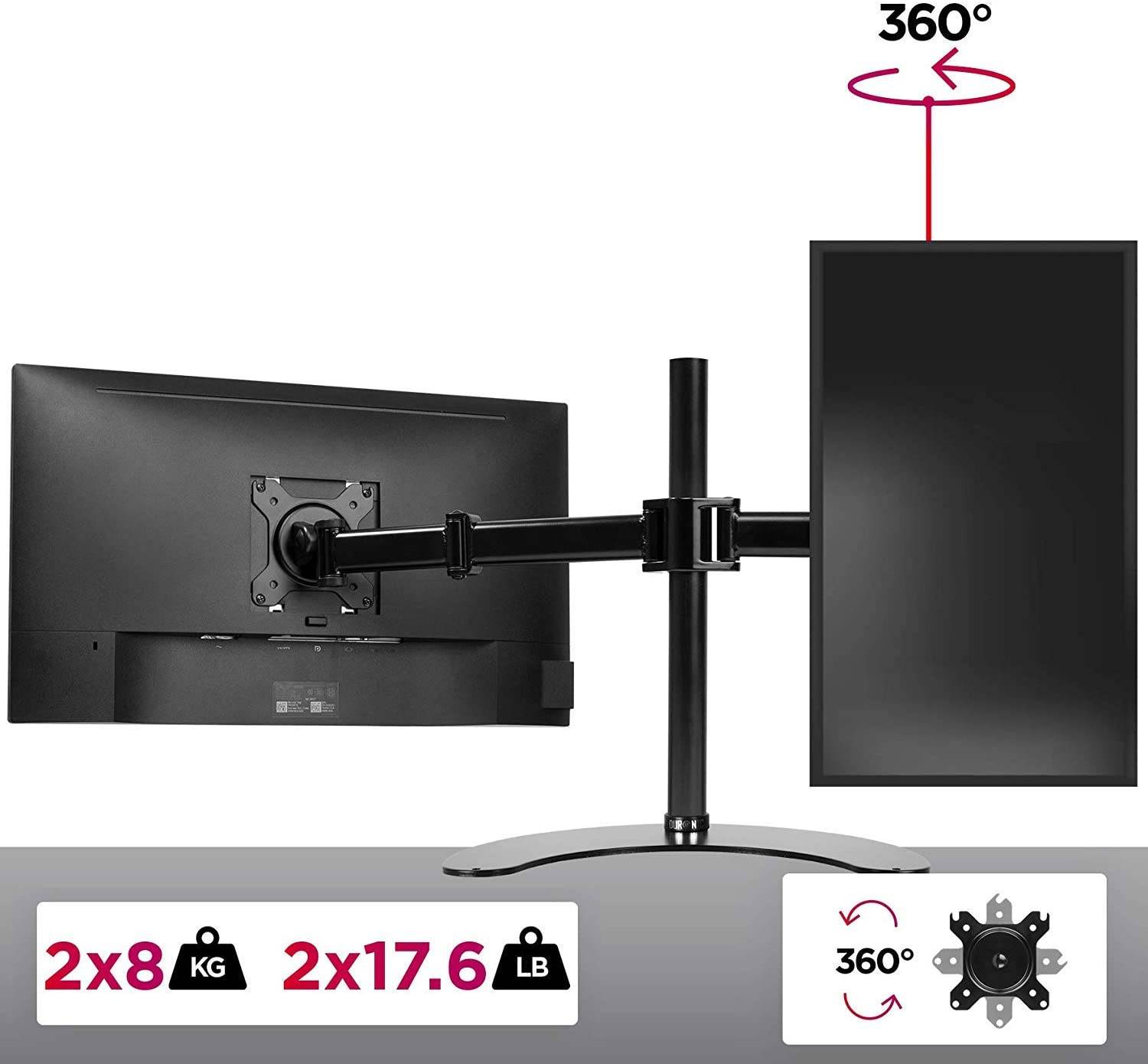 Duronic DM25D2 Monitorfuß für zwei 27" - 8kg Kapazität - Verstellbar in Höhe, Neigung und Drehung - VESA 75/100-2