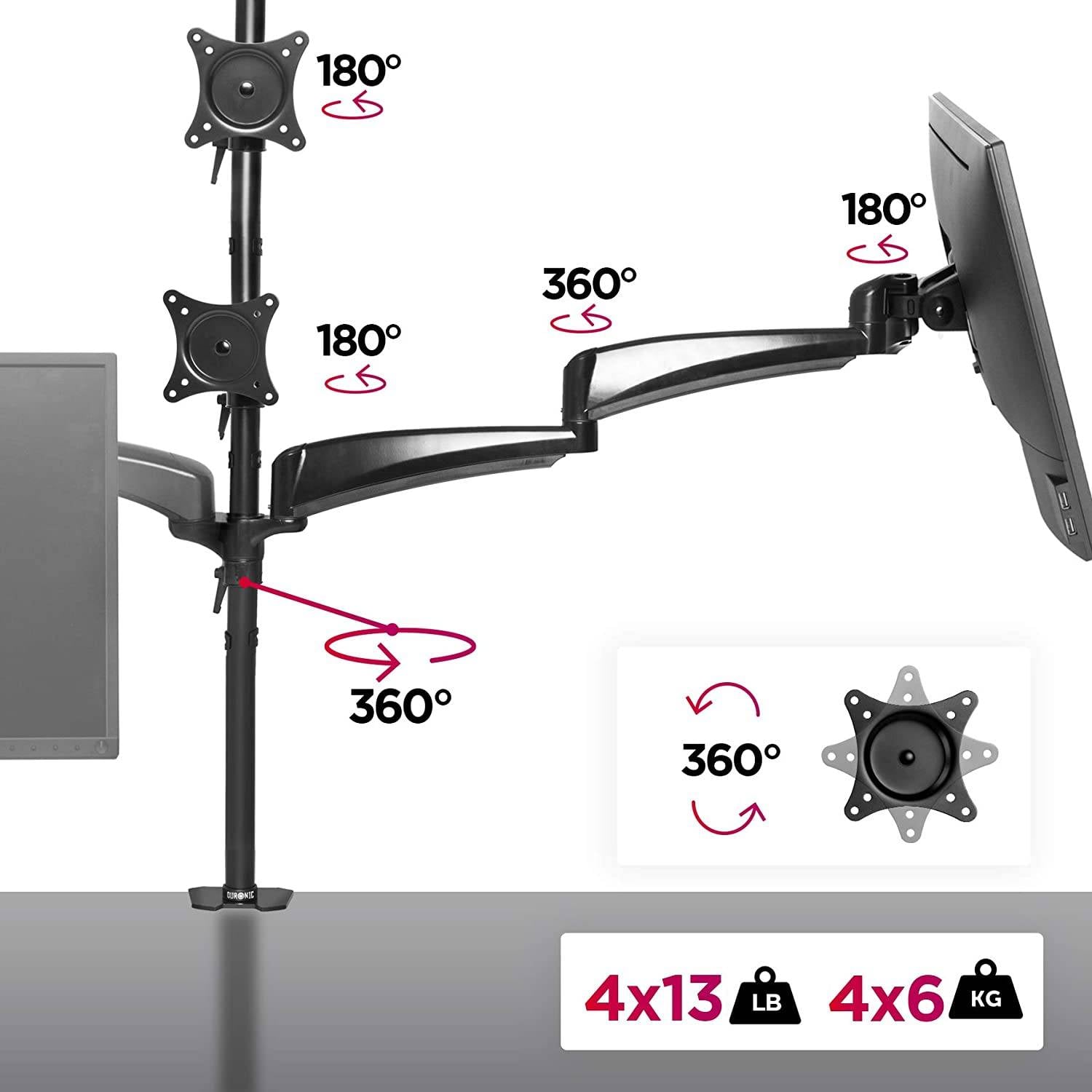 Duronic DM453VX1 Monitorhalter für vier 27" - 13kg Kapazität - Verstellbar in Höhe, Neigung und Drehung - VESA 75/100-1