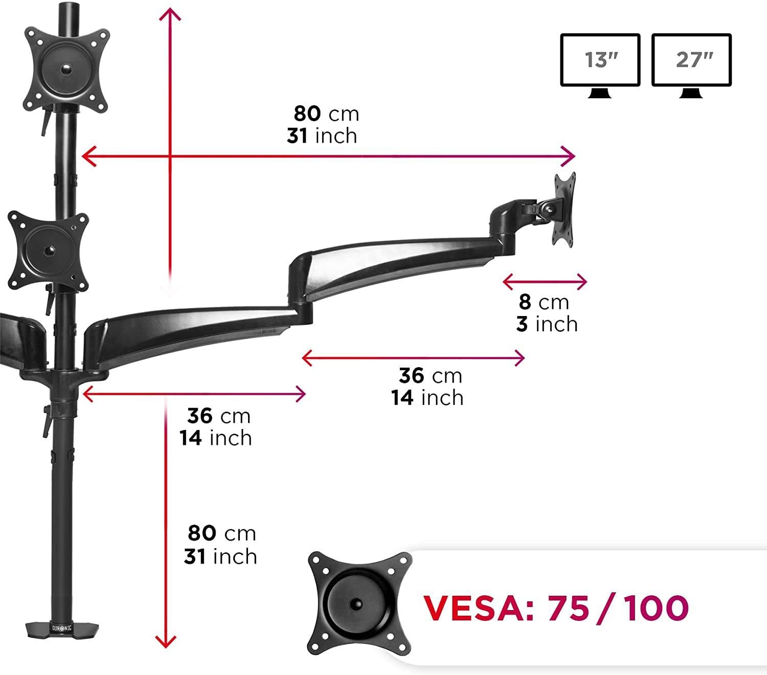 Duronic DM453VX1 Monitorhalter für vier 27" - 13kg Kapazität - Verstellbar in Höhe, Neigung und Drehung - VESA 75/100-2