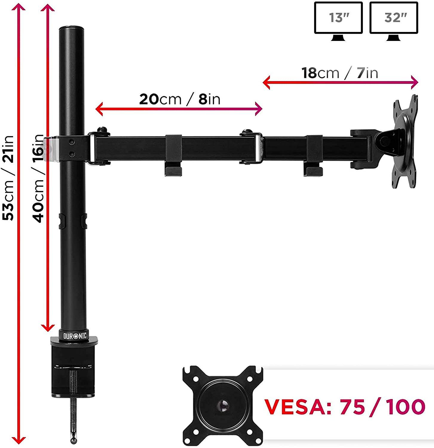Duronic DM151X3 Monitorhalterung bis 32 Zoll - 8kg Kapazität - Verstellbar in Höhe, Neigung und Drehung - VESA 75/100-1