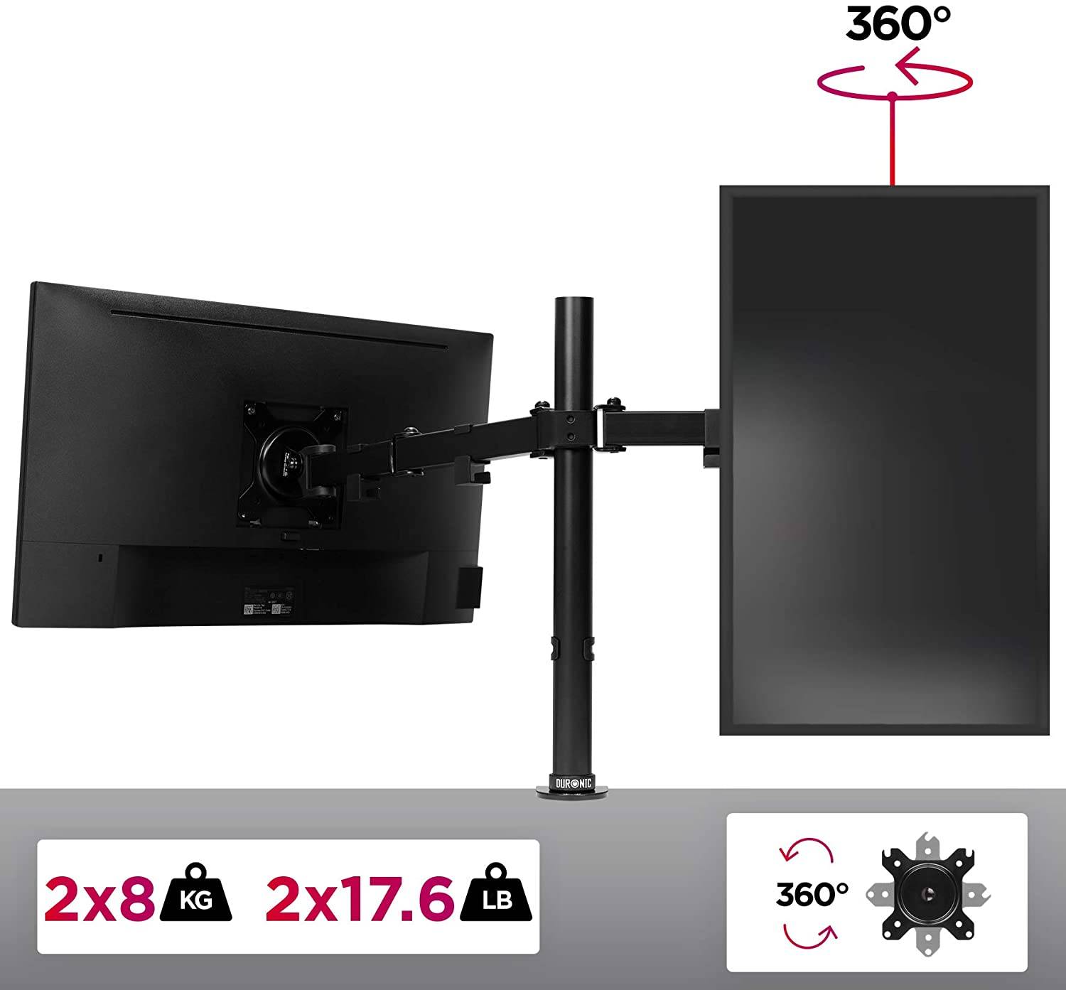 Duronic DM152 Monitorhalterung für zwei 27" - 8kg Kapazität - Verstellbar in Höhe, Neigung und Drehung - VESA 75/100-3