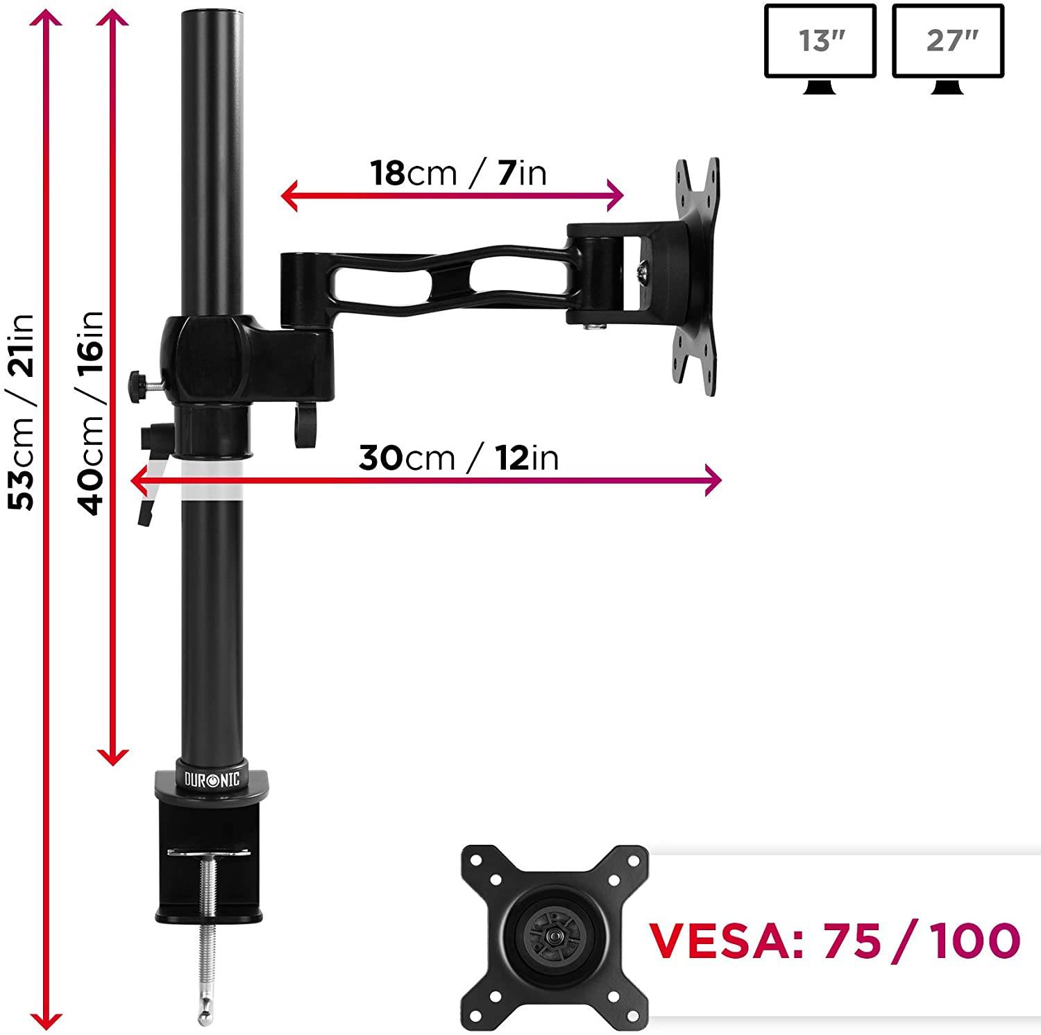 Duronic DM351X2 Monitorhalterung für 27 Zoll - 10kg Kapazität - Verstellbar in Höhe, Neigung und Drehung - VESA 75/100-1