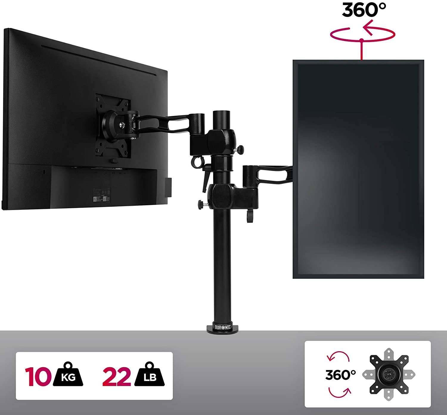 Duronic DM351X2 Monitorhalterung für 27 Zoll - 10kg Kapazität - Verstellbar in Höhe, Neigung und Drehung - VESA 75/100-2