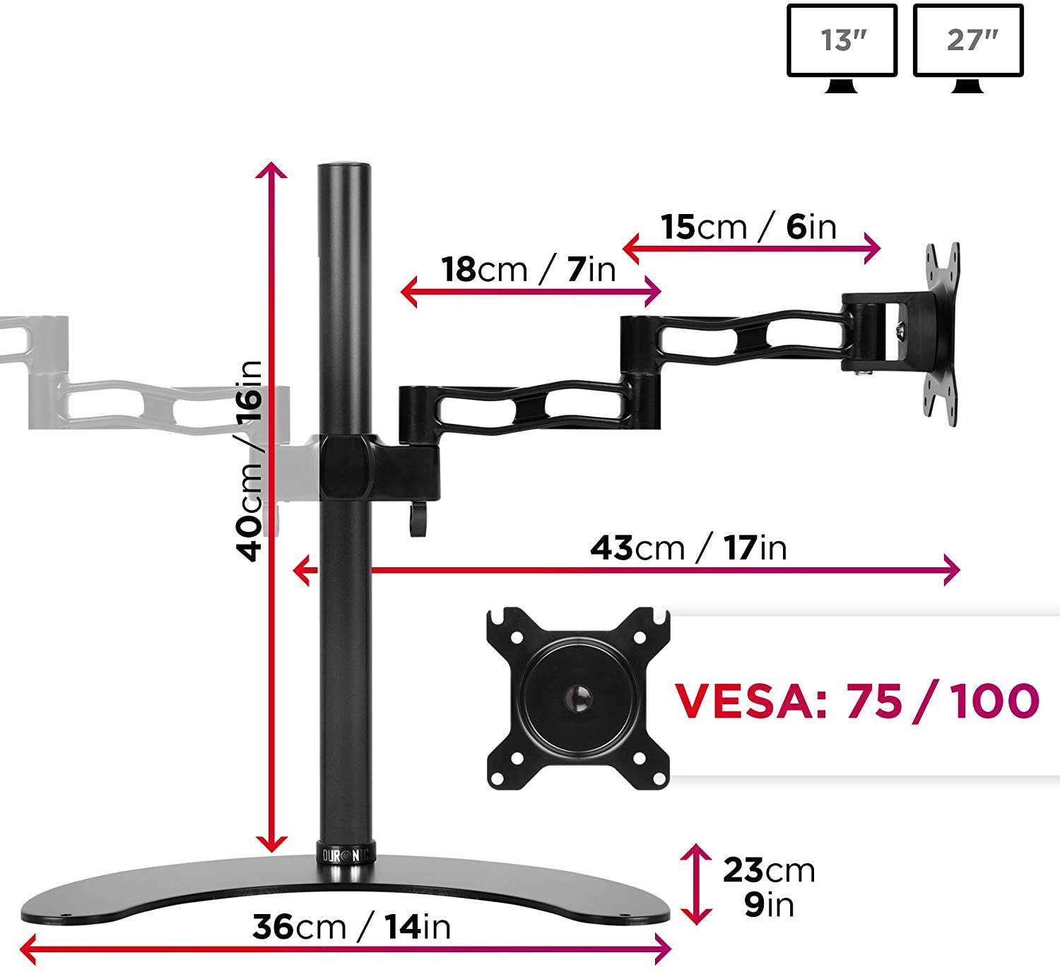 Duronic DM35D2 Monitorfuß für zwei 27 Zoll - 8kg Kapazität - Verstellbar in Höhe, Neigung und Drehung - VESA 75/100-1