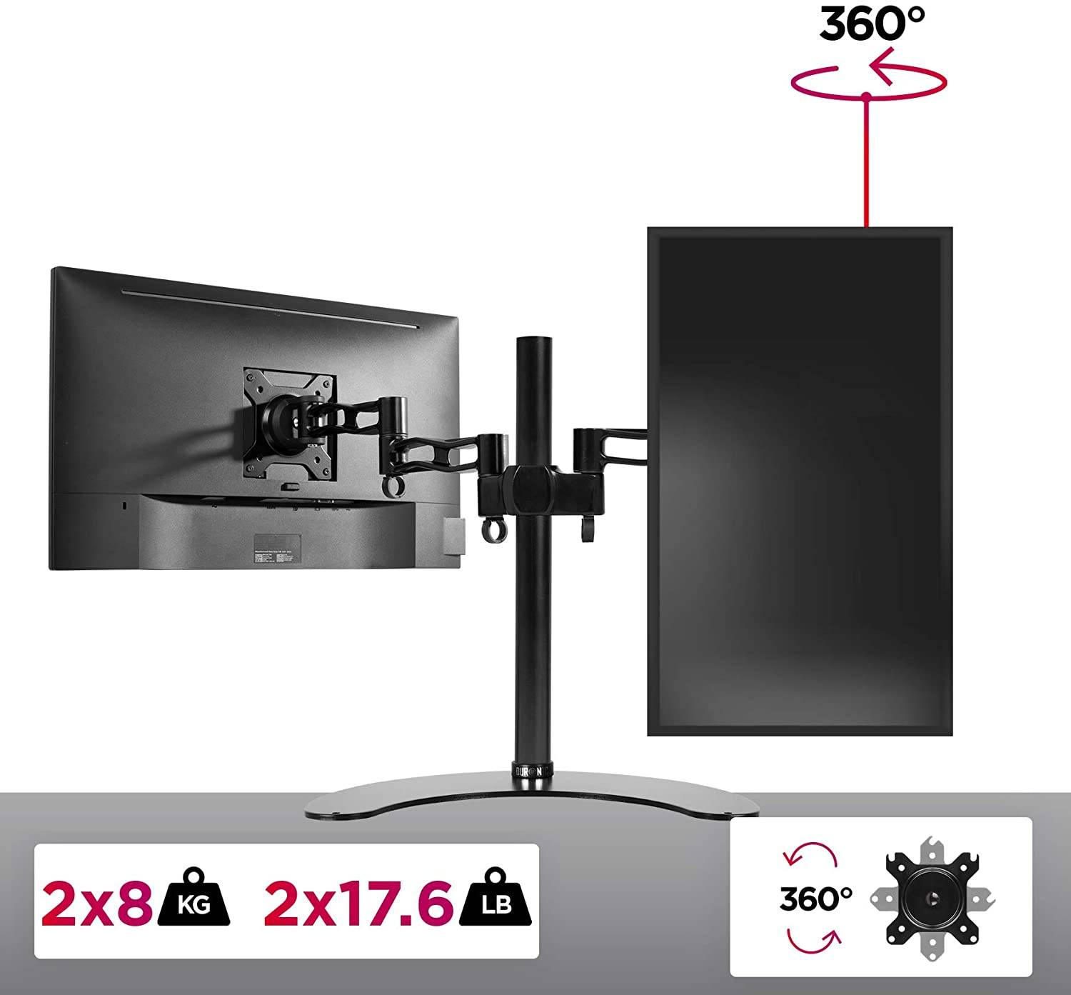 Duronic DM35D2 Monitorfuß für zwei 27 Zoll - 8kg Kapazität - Verstellbar in Höhe, Neigung und Drehung - VESA 75/100-2