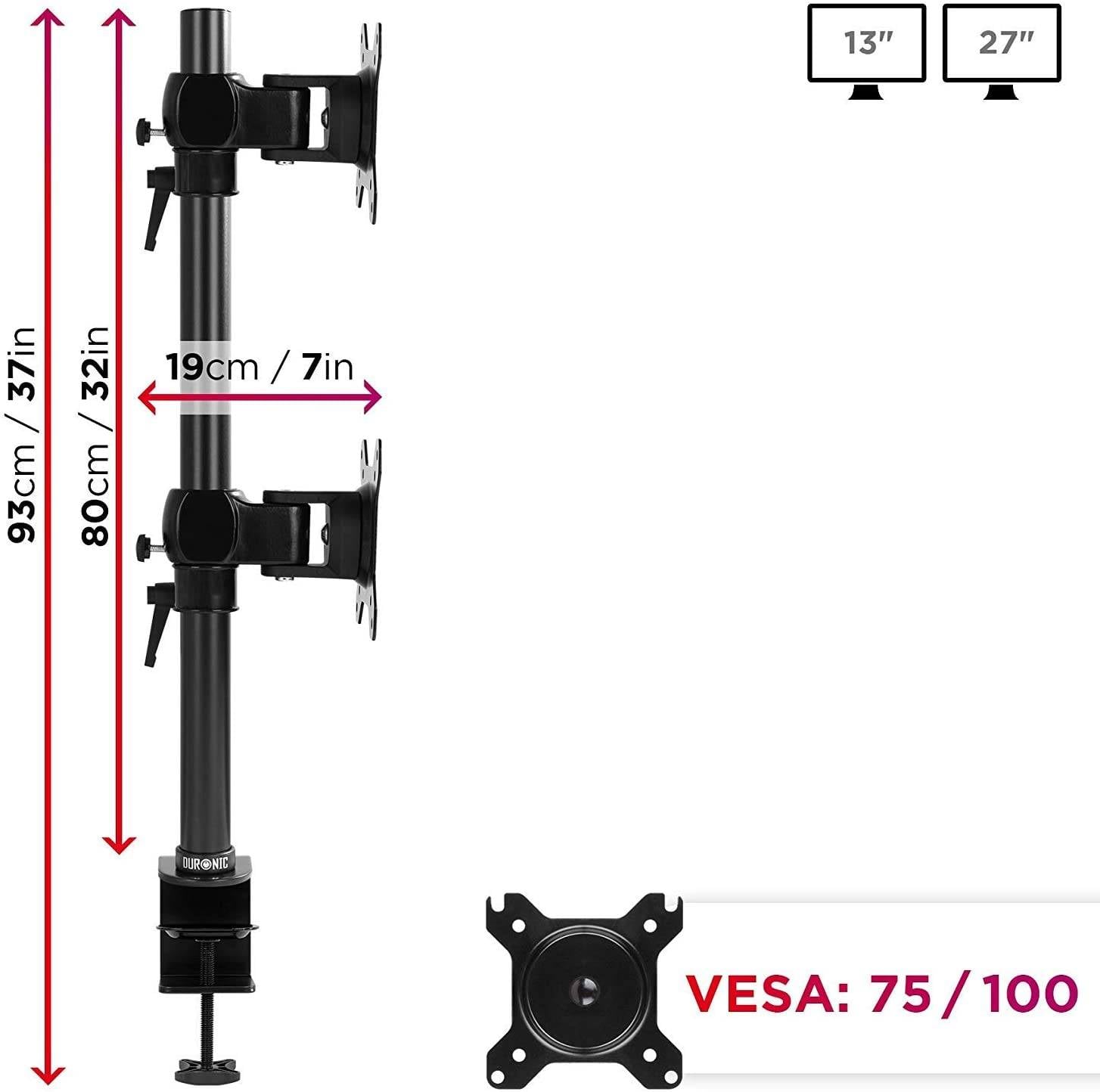 Duronic DM35V2X1 Monitorhalterung für zwei 27" - 8kg Kapazität - Verstellbar in Höhe, Neigung und Drehung - VESA 75/100-1