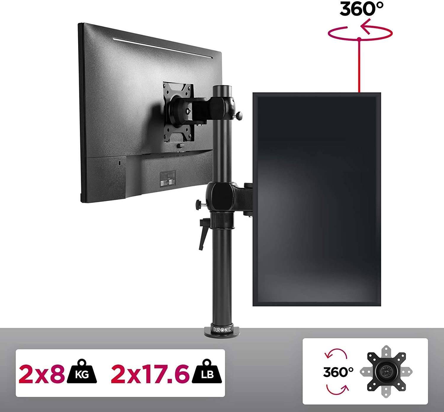 Duronic DM35V2X1 Monitorhalterung für zwei 27" - 8kg Kapazität - Verstellbar in Höhe, Neigung und Drehung - VESA 75/100-2