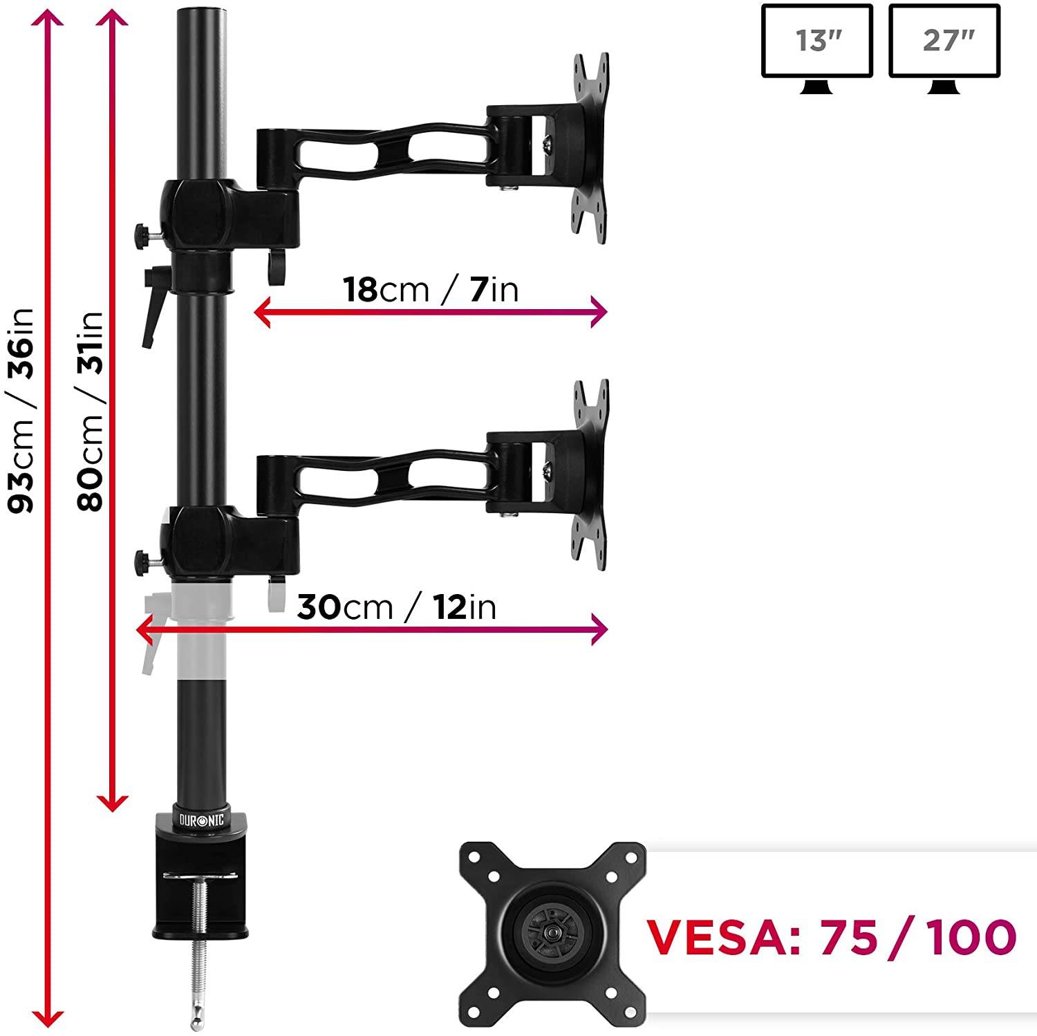 Duronic DM35V2X2 Monitorhalterung für zwei 27" - 8kg Kapazität - Verstellbar in Höhe, Neigung und Drehung - VESA 75/100-2