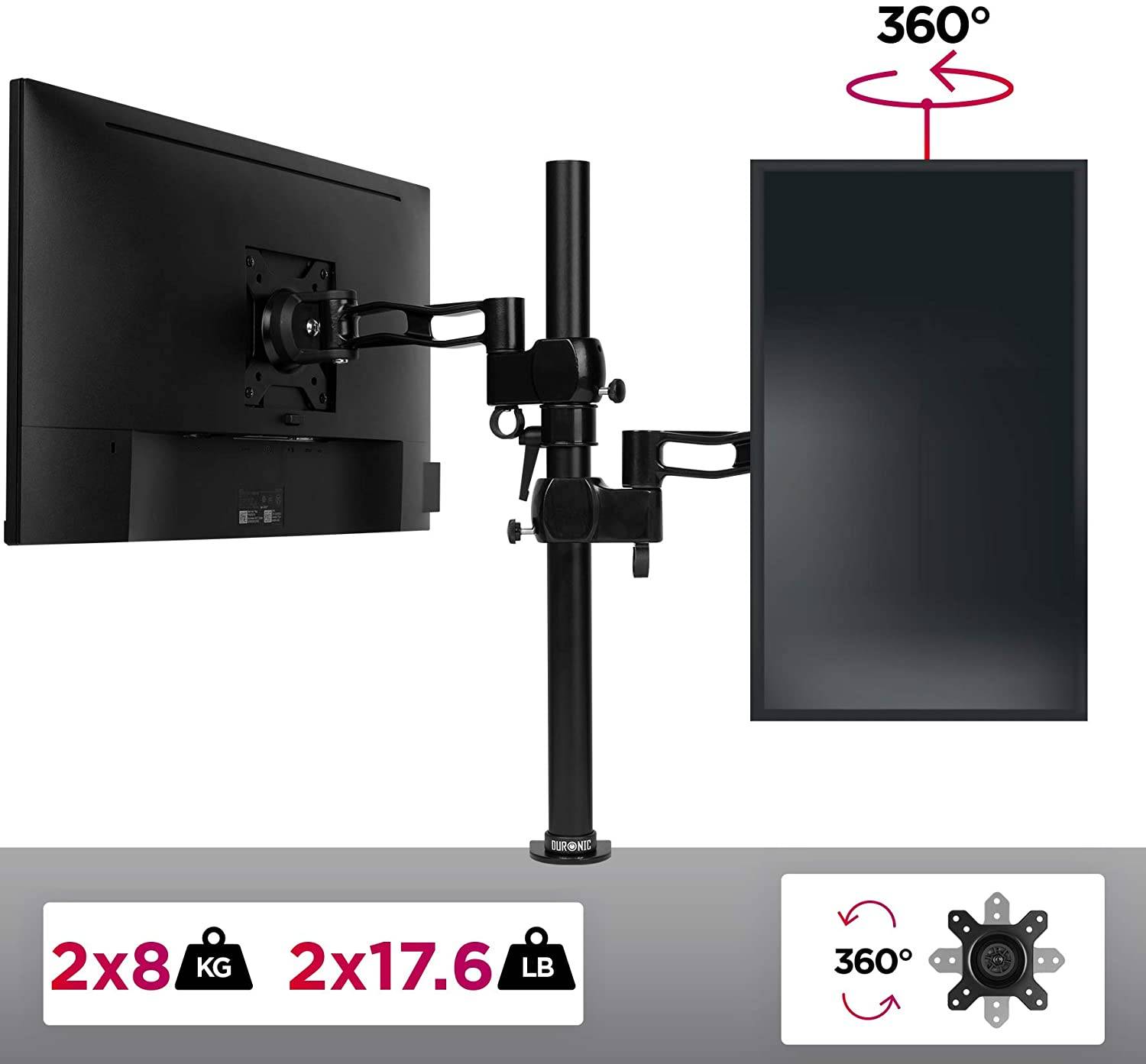 Duronic DM35V2X2 Monitorhalterung für zwei 27" - 8kg Kapazität - Verstellbar in Höhe, Neigung und Drehung - VESA 75/100-3