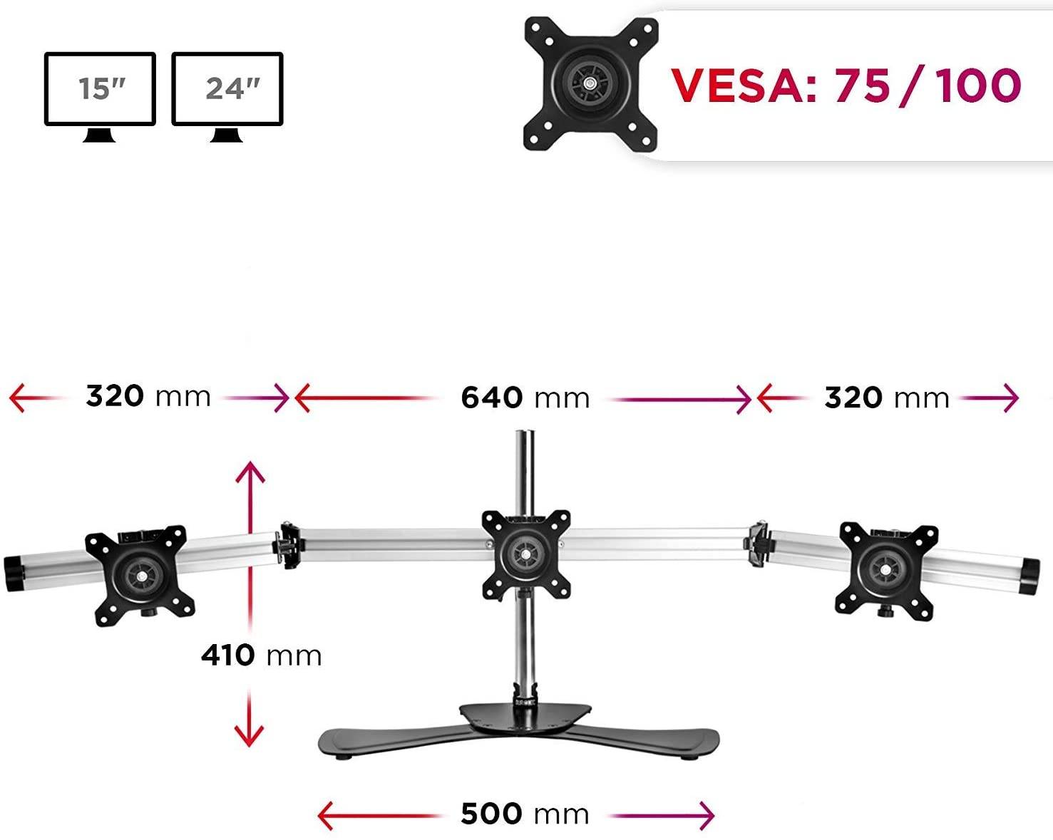 Duronic DM753 Monitorfuß für drei 24 Zoll - 8kg Kapazität - Verstellbar in Höhe, Neigung und Drehung - VESA 75/100-1