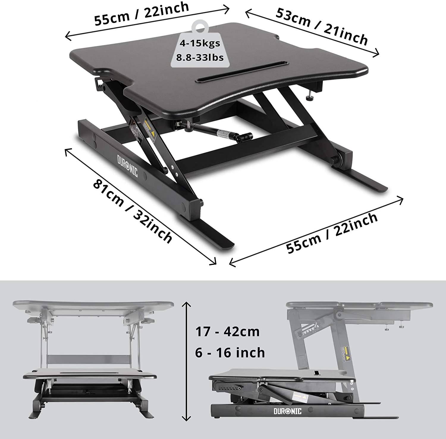 Duronic DM05D18 Workstation bis 42cm höhenverstellbar - Sit-Stand Stehpult mit Handyablage - 55cm x 53cm-1