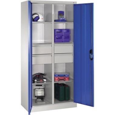 Flügeltürenschrank B930xT500xH1950 mm RAL7035/5012,4Schubladen mit Trennwand,6Fachböden - Artikel: 7830772206-0