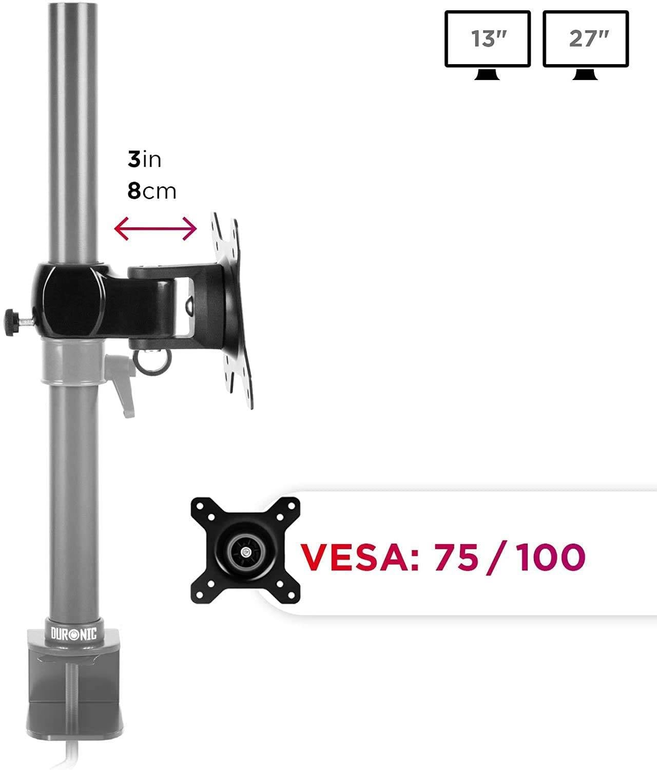 Duronic DM35 Head - VESA 75/100 Kopf für Monitore bis 27 Zoll - Drehbar um 360° - (-)15° Neigungswinkel - Ø 32 mm-2