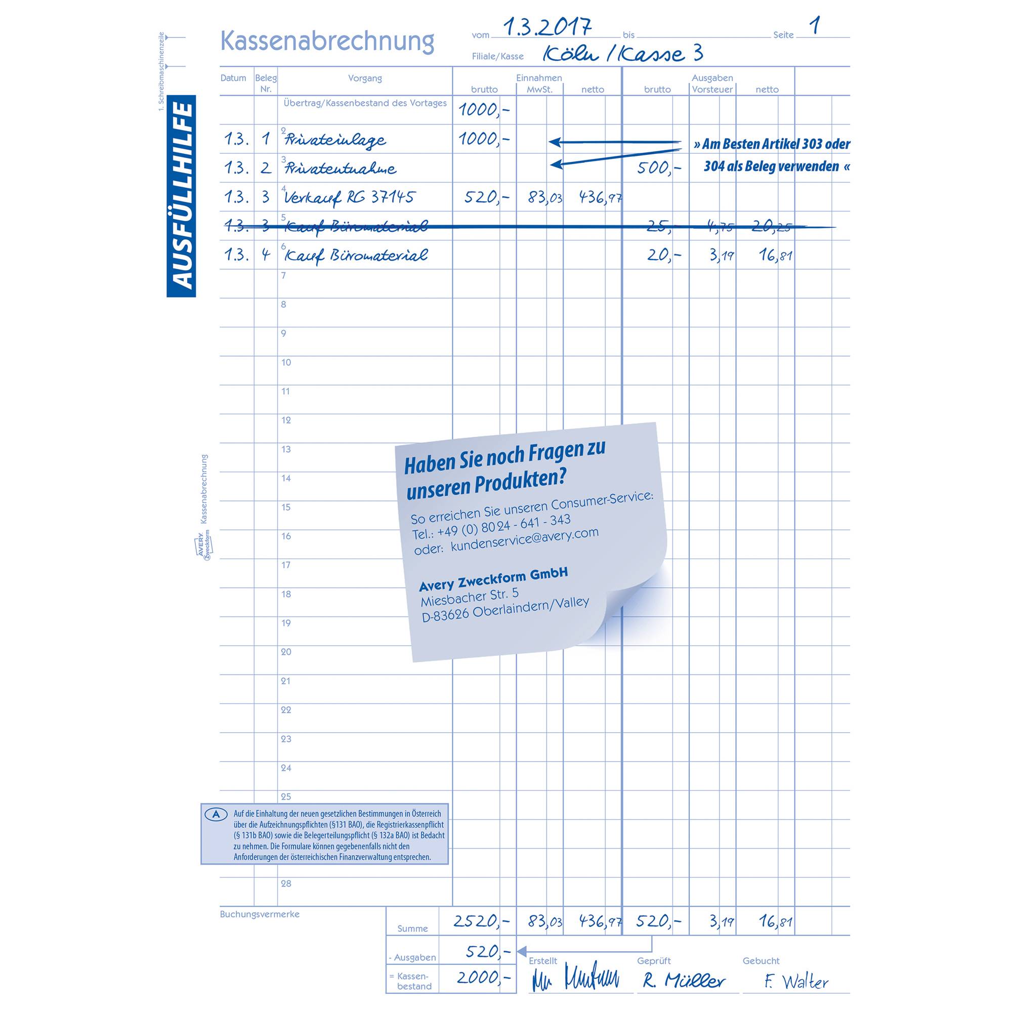 Avery Zweckform Kassenabrechnung 1757 DIN A4 2x40Blatt-1