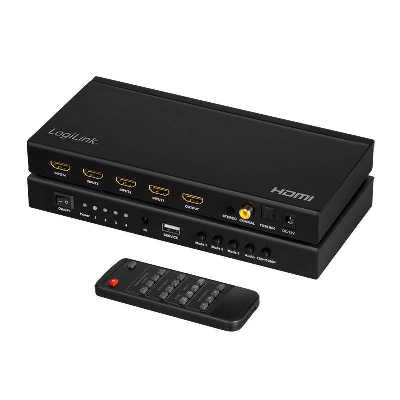 LogiLink HDMI-Switch 4x1-Port, Multiviewer, 1080p/60 Hz, Scaler, Seamless, RC-2