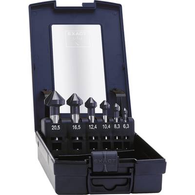 Ein Set Senkbohrer mit den Größen 20,5 mm, 16,5 mm, 12,4 mm, 10,4 mm, 8,3 mm und 6,3 mm in einem offenen schwarzen Koffer.