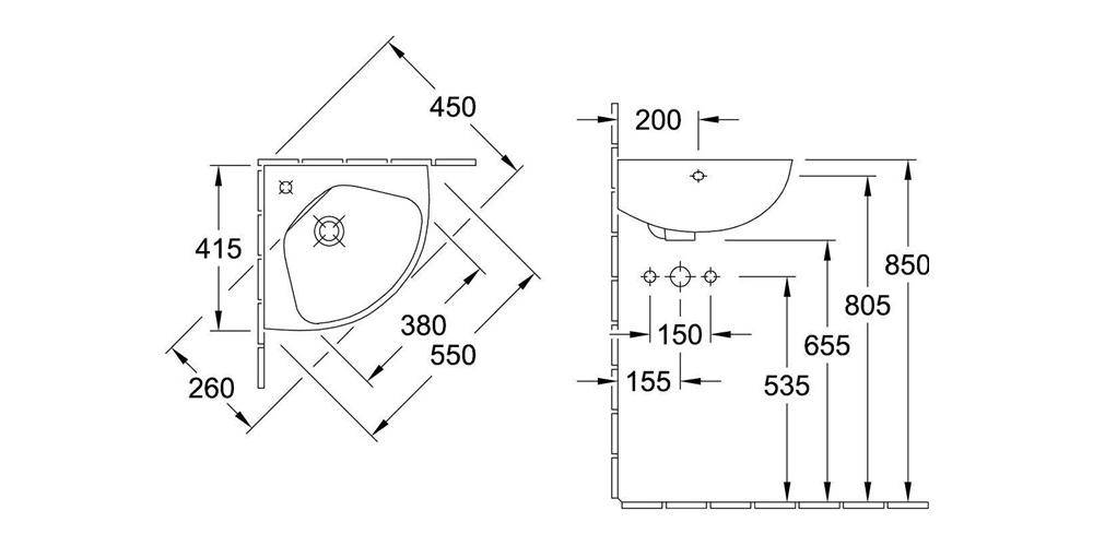 Villeroy & Boch Eck-Handwaschbecken Compact O.novo 415x415mm Viertelkreis 1 Hahnloch mit Überlauf Weiß Alpin-4