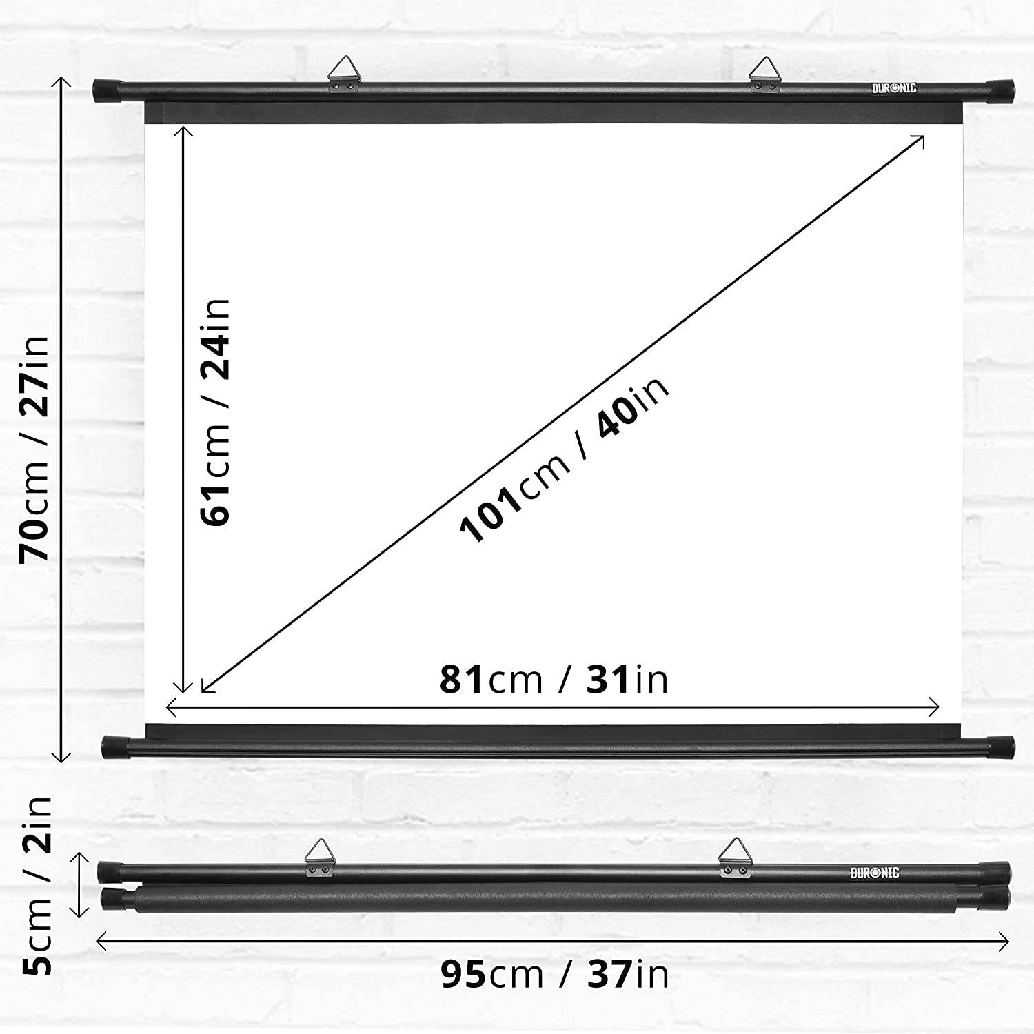 Duronic BPS40 Leinwand - 4:3 Beamer Screen - 81 x 61cm - 40 Zoll - Projektorleinwand zum Aufhängen - 4K, Full HD, 3D-3