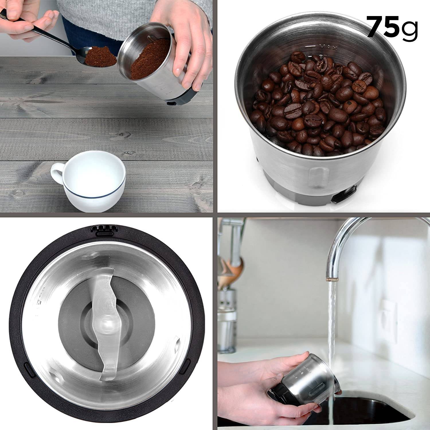 Duronic CG250 Kaffeemühle/elektrische Gewürzmühle - abnehmbarer Behälter – 75g Fassungsvermögen – 250W – Edelstahlklinge-1