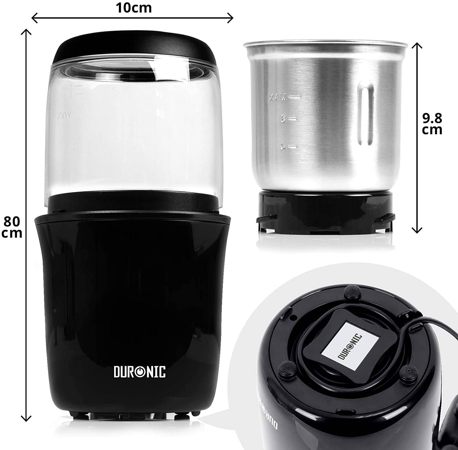 Duronic CG250 Kaffeemühle/elektrische Gewürzmühle - abnehmbarer Behälter – 75g Fassungsvermögen – 250W – Edelstahlklinge-2