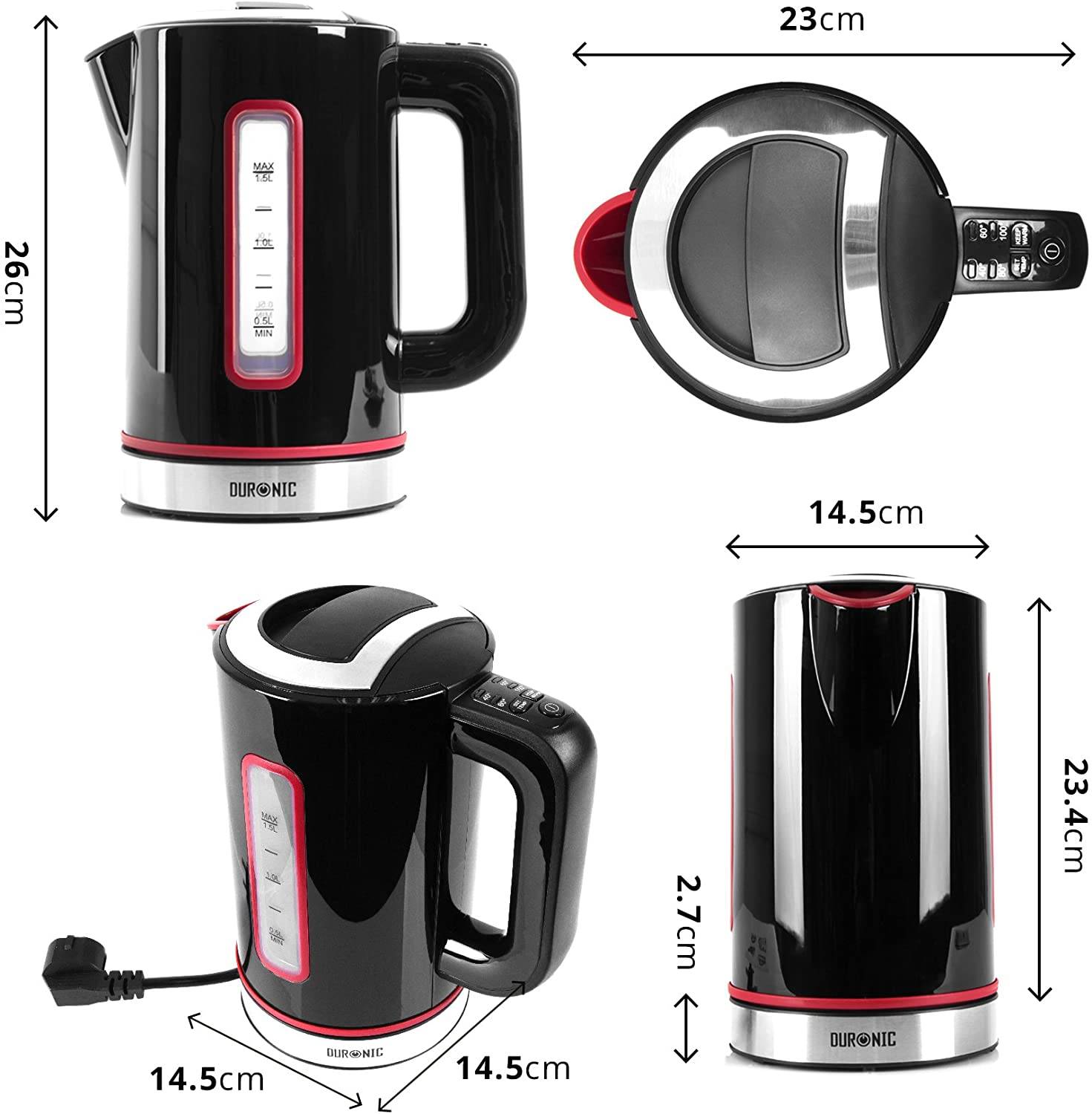 Duronic EK30 BK Wasserkocher - Wassererhitzer mit 3000W - Wasserkessel mit Thermostat - 40-100°C - Fassungsvermögen 1,5l-1