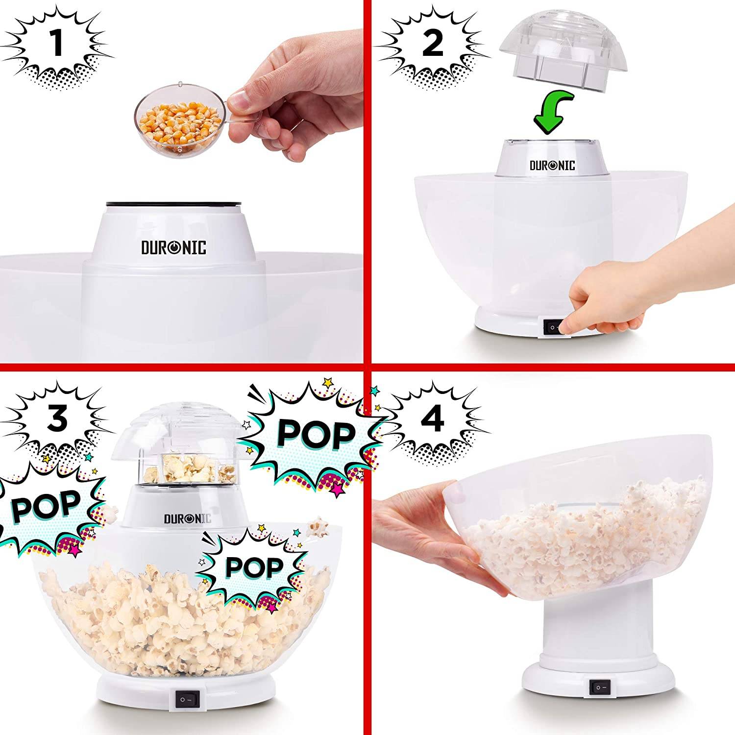 Duronic POP50 WE Popcornmaschine - Heißluft ohne Fett & Öl - 1200 Watt - inkl. Messbecher - für 50 Gramm Mais-1