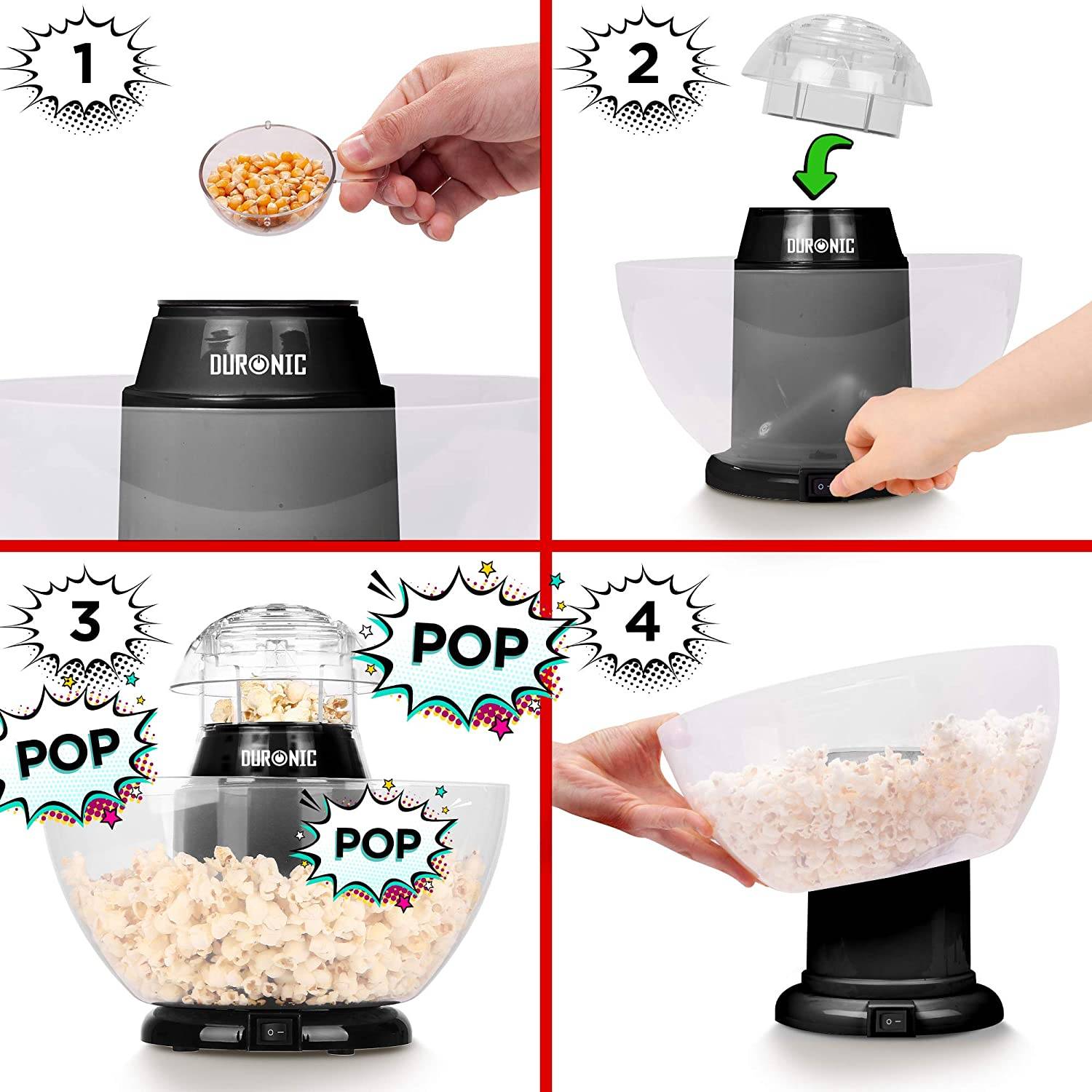 Duronic POP50 BK Popcornmaschine - Heißluft ohne Fett & Öl - 1200 Watt - inkl. Messbecher - für 50 Gramm Mais-2