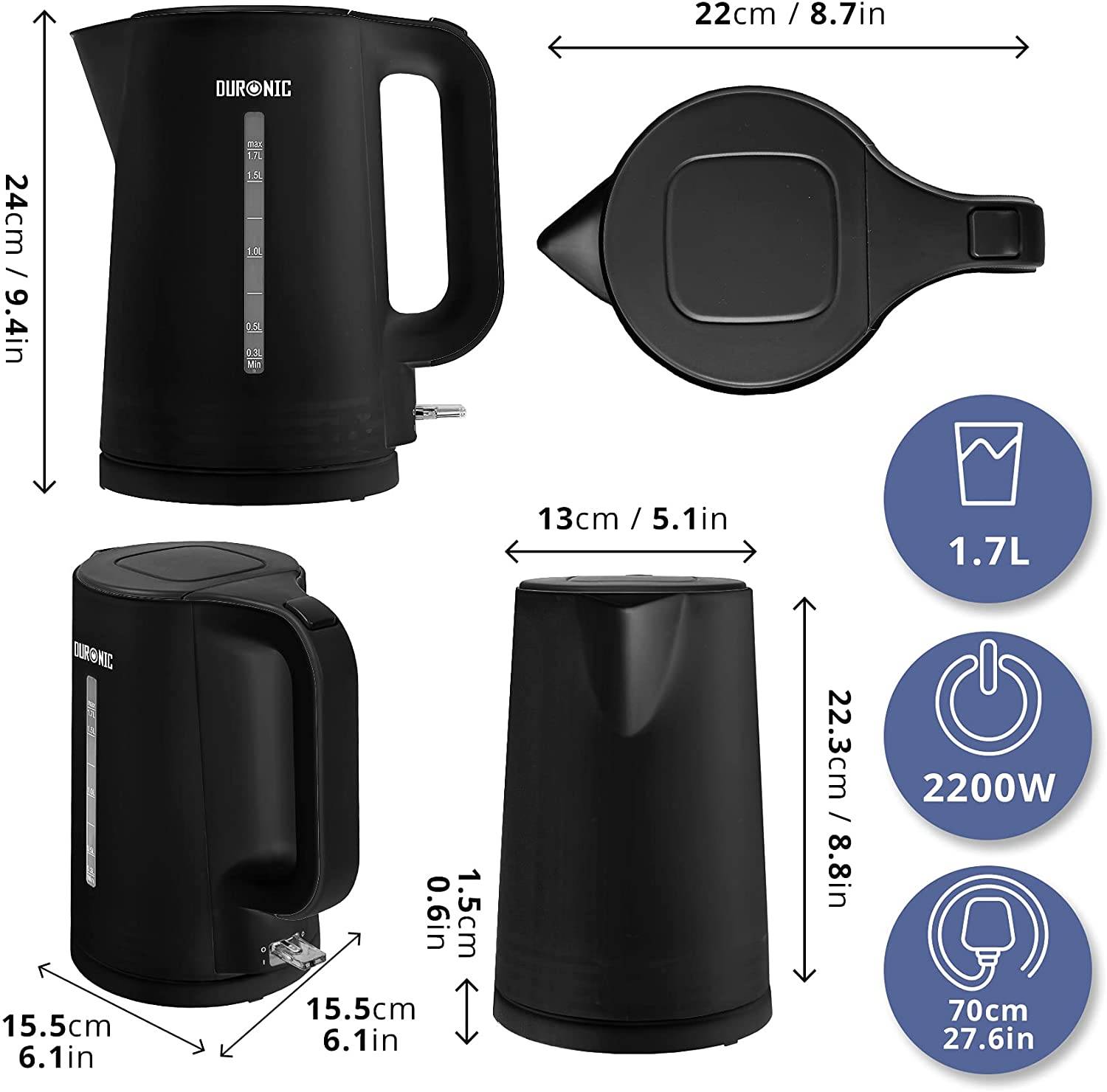 Duronic EK17 BK Wasserkocher - 1,7l Fassungsvermögen - 2200 Watt - Schnellkochend - Basis mit kabellosem Wasserkocher-3