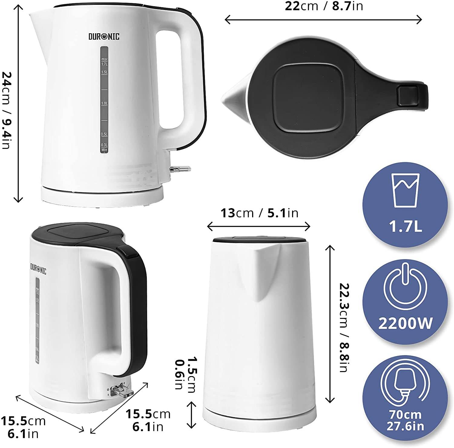 Duronic EK17 WE Wasserkocher - 1,7l Fassungsvermögen - 2200 Watt - Schnellkochend - Basis mit kabellosem Wasserkocher-2