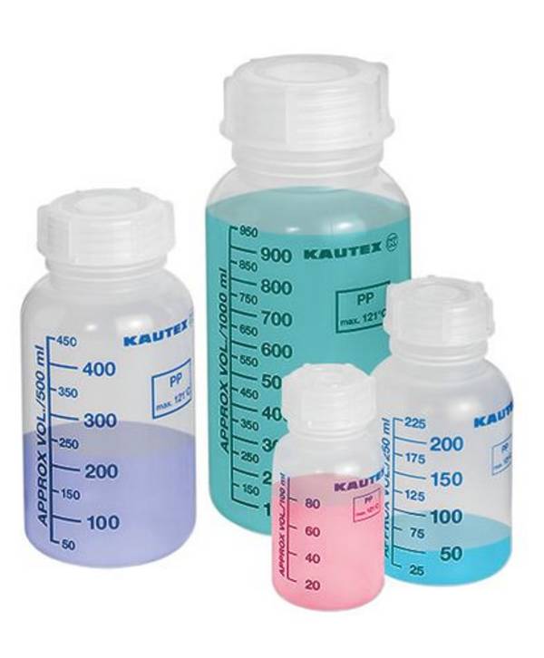 Weithalsflaschen aus PP, aufgedruckte Volumenskala, mit Schraubverschluss, 1000 ml, 12 Stück
