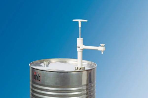 Fasspumpe Ultrarein mit festem Auslaufbogen und Absperrhahn aus PTFE, Tauchtiefe 600 mm