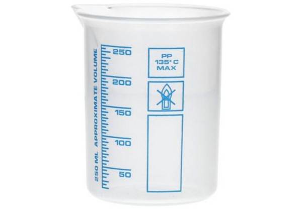 Griffinbecher aus PP, Laborbecher mit aufgedruckter blauer Volumenskala, 250 ml, 24 Stück