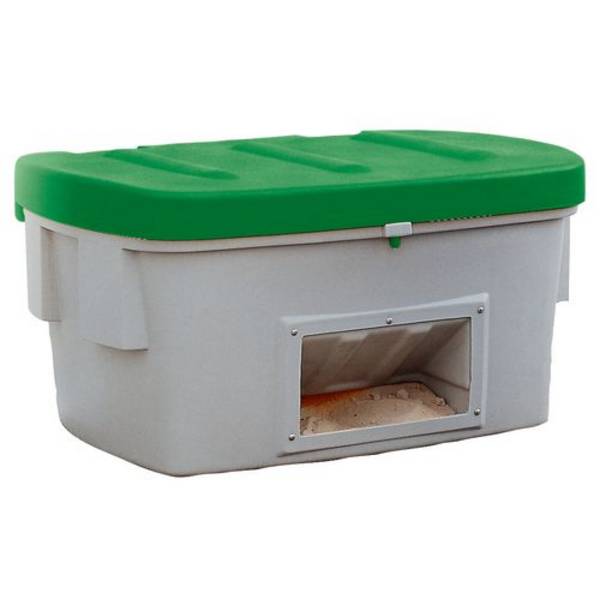 Streugutbehälter SB 550-O aus Polyethylen (PE), 550 Liter Volumen, Entnahmeöffnung, grüner Deckel