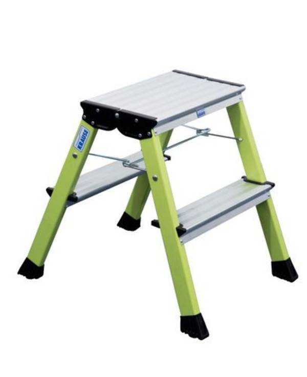 Doppel-Klapptritt aus Aluminium, mit "Roll- / Stop-Automatik" und 2 x 2 Stufen, grün