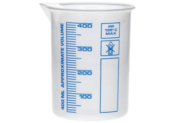 Griffinbecher aus PP, Laborbecher mit aufgedruckter blauer Volumenskala, 400 ml, 24 Stück